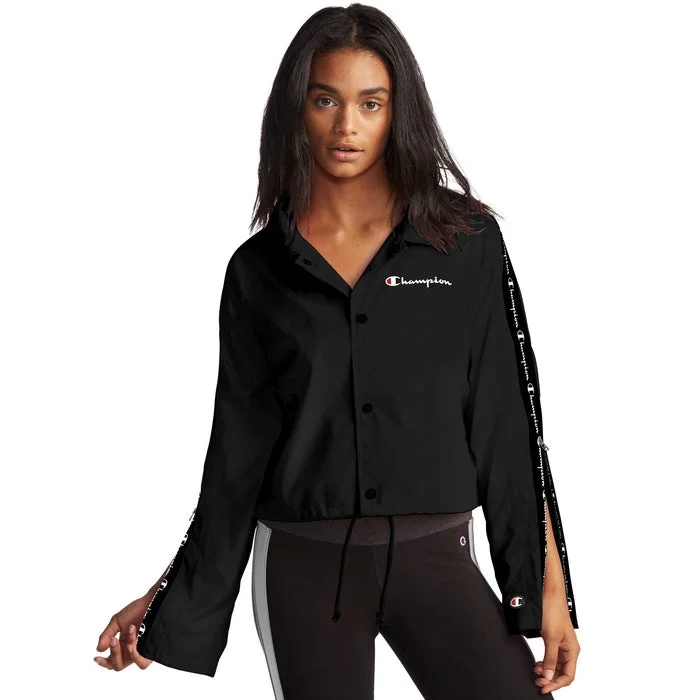 Champion Life Ladies Zipper Tape Cropped Coaches Jacket Boat Neck Shawl Collar Notched Collar