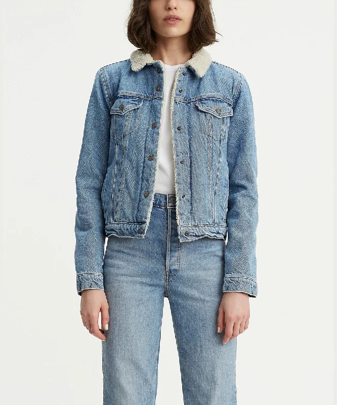 Levi's Women's Original Sherpa Trucker Jacket - Divided Blue Satin Jacket Silk Jacket Chiffon Jacket