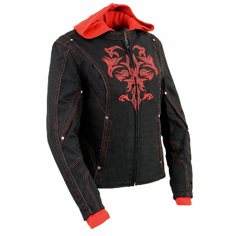 NexGen SH1939 Women's 'Reflective Tribal' Red and Black 3/4 Textile Vented Jacket Denim Jacket Leather Jacket Suede Jacket