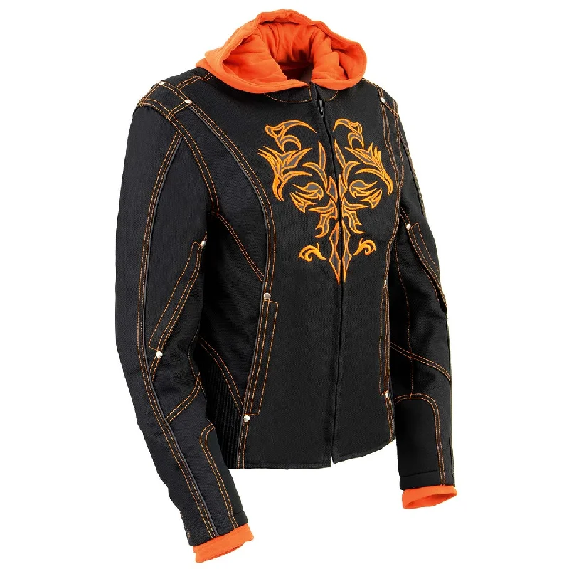 NexGen SH1939 Women's 'Reflective Tribal' Orange and Black 3/4 Textile Vented Jacket Nylon Fabric Polyester Fabric Spandex Fabric