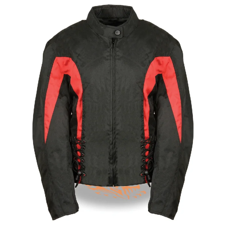 Nexgen SH2188 Women's Black and Red Textile Motorcycle Riding Jacket with Side Stretch and Lacing Cardigan Sweater Pullover