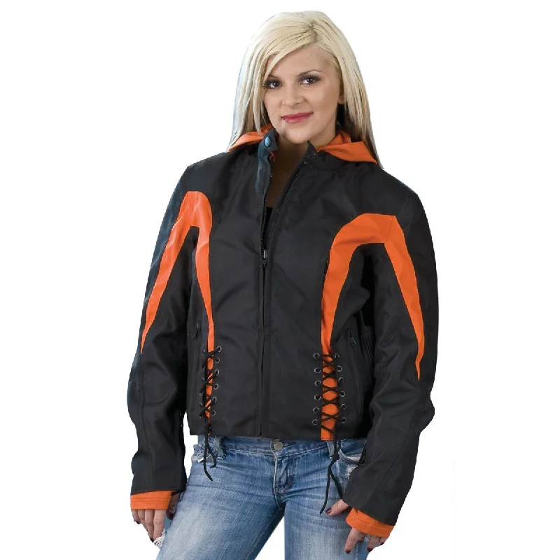 NexGen SH2039 Women's Black and Orange Textile Racer Jacket with Fleece Hoodie V-Neck Jacket Boat Neck Jacket Square Neck Jacket