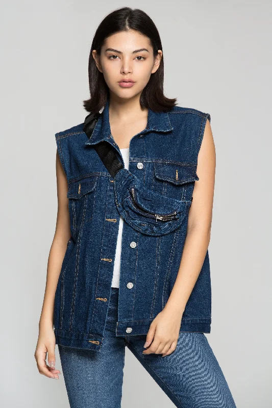 Prussian Blue Denim Jacket Vest with Belt Bag Notch Collar Peter Pan Collar Cowl Neck