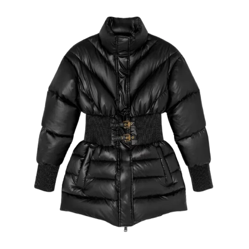 Versace Jeans Couture Baroque Buckle Black Puffer Jacket Welt Pockets Slit Pockets Flap Pockets