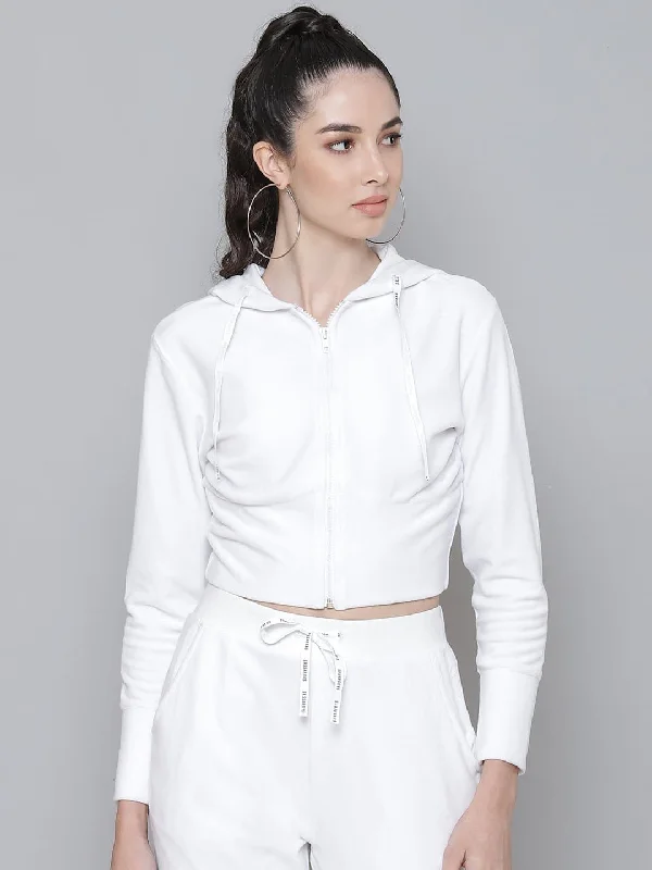 Women Solid White Full Sleeve Jacket Stand-Up Collar Roll-Neck Collar Turtle Neck