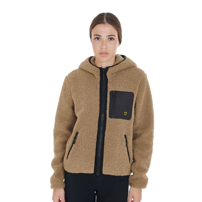 Woman Teddy Full Zip Jacket With Hood - Beige Hooded Jacket Caped Jacket Shawl Collar Jacket