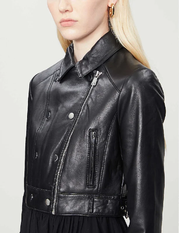 Women’s Black Leather Cropped Biker Jacket Mesh Jacket Canvas Jacket Denim Jacket