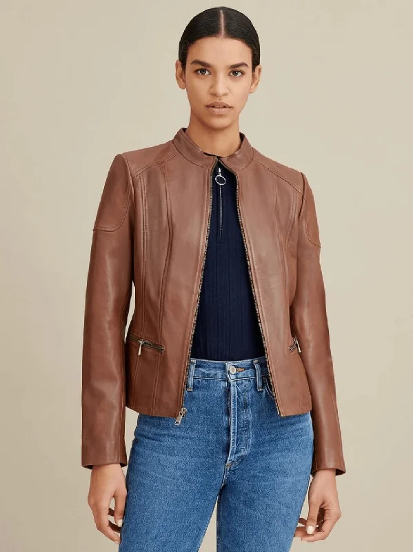 Women’s Brown Leather Biker Jacket Crew Neck Front Pockets Side Pockets Patch Pockets