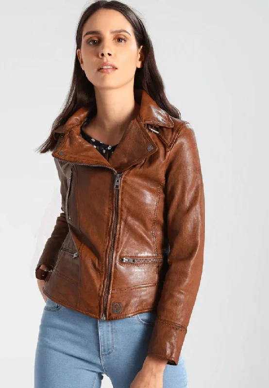 Women’s Crunch Brown Leather Biker Jacket Faux Fur Fabric Real Fur Fabric Shearling Fabric