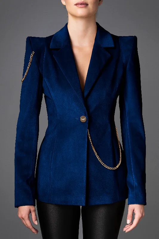 Women's Velvet Jacket - Boldness Dark Blue Zippered Front Buttoned Front Snap Front