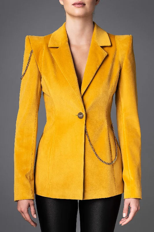 Women's Velvet Jacket - Boldness Yellow Zippered Jacket Buttoned Jacket Snapped Jacket