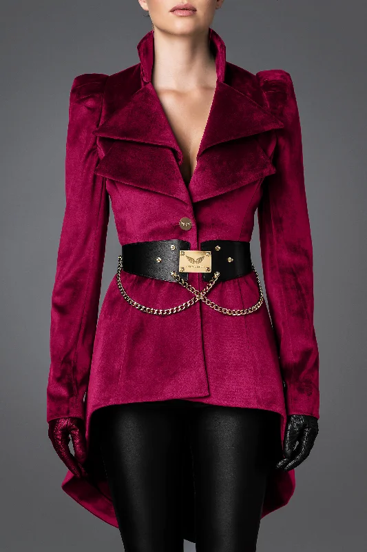 Women's Velvet Jacket - Wisdom Magenta Hooded Jacket Caped Jacket Shawl Collar Jacket