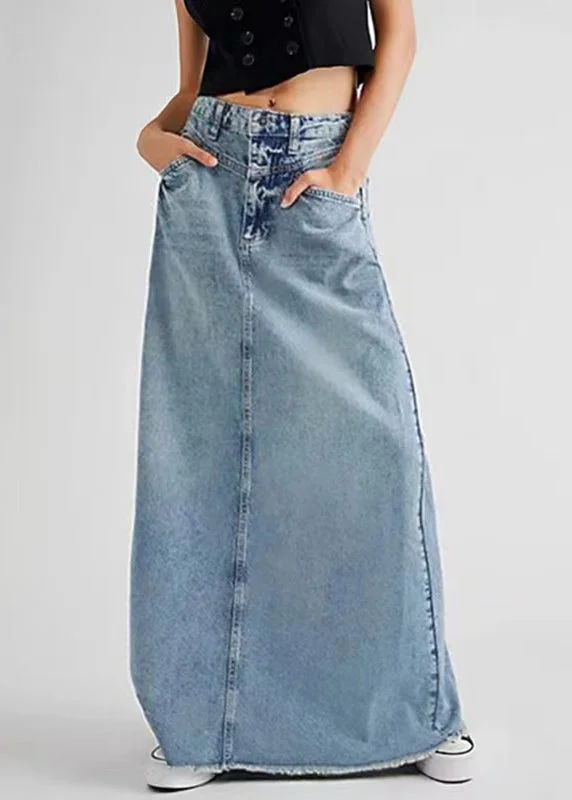 Art Blue Pockets Tasseled High Waist Denim Skirt Summer chiffon skirt airy