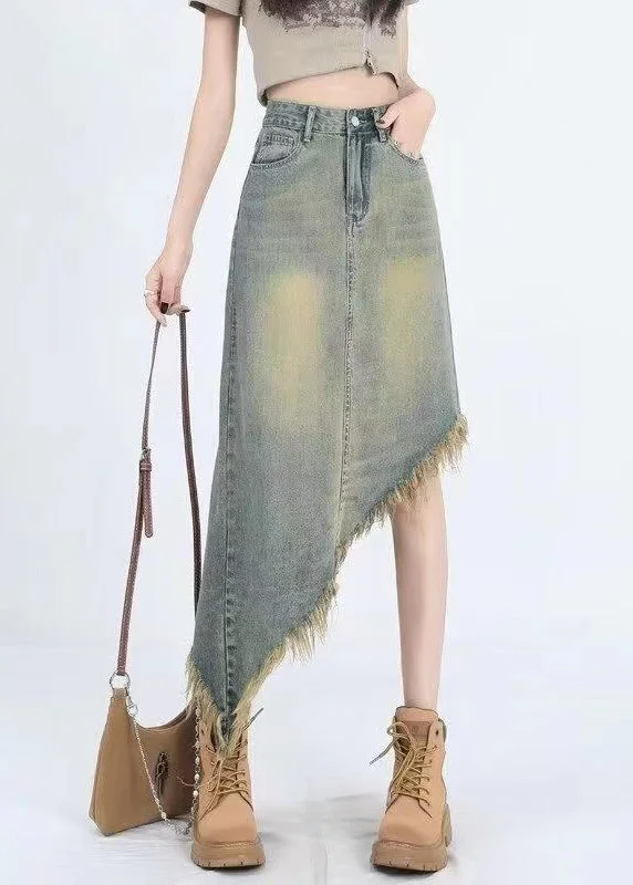 Fashion Blue Asymmetrical Tasseled Denim Skirt Summer linen skirt breathable