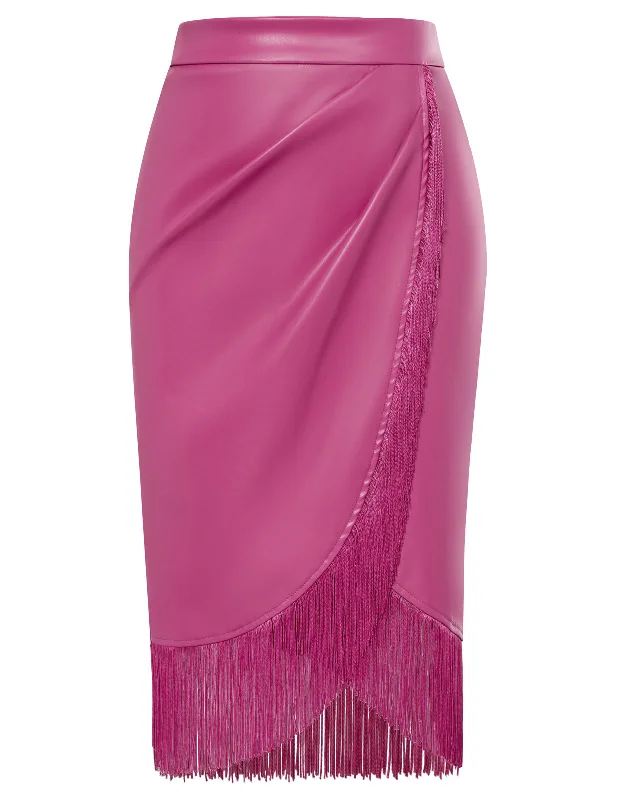 Fringe Bodycon Leather Skirt with Slit Knee Length Pencil Skirt lace skirt intricate