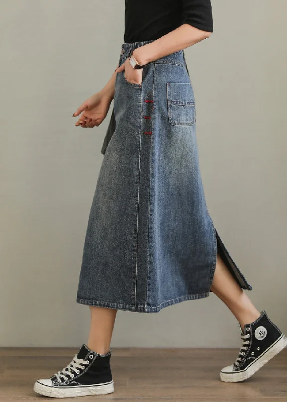 New Denim Blue Pockets Side Open High Waist Denim Skirt Summer cashmere skirt fine