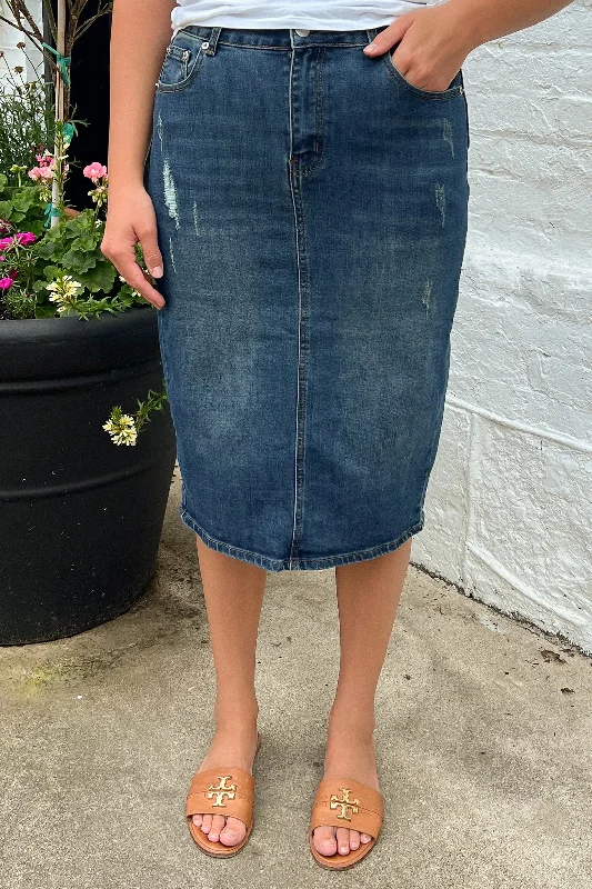 Piper Distressed Denim Skirt in Dk. Indigo (Final Sale) cashmere skirt soft