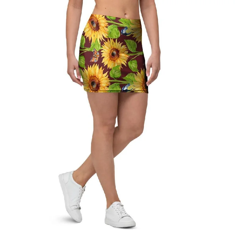 Sunflower With Bird And Butterfly Mini Skirt ribbed skirt waist