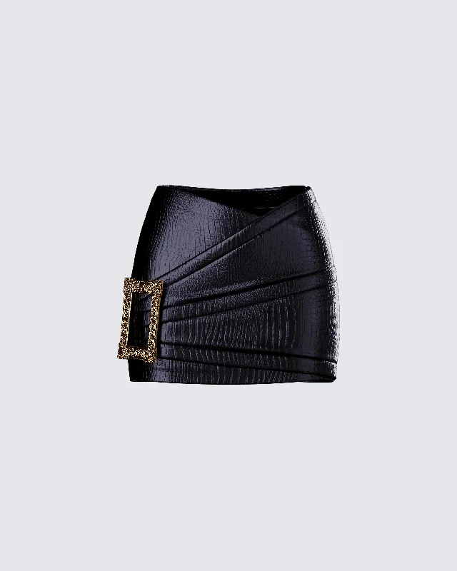 Whitley Black Vegan Leather Croc Micro Mini Skirt tiered skirt playful