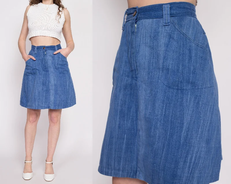 70s Boho Denim A Line Mini Skirt - Small, 26" seamless skirt comfort