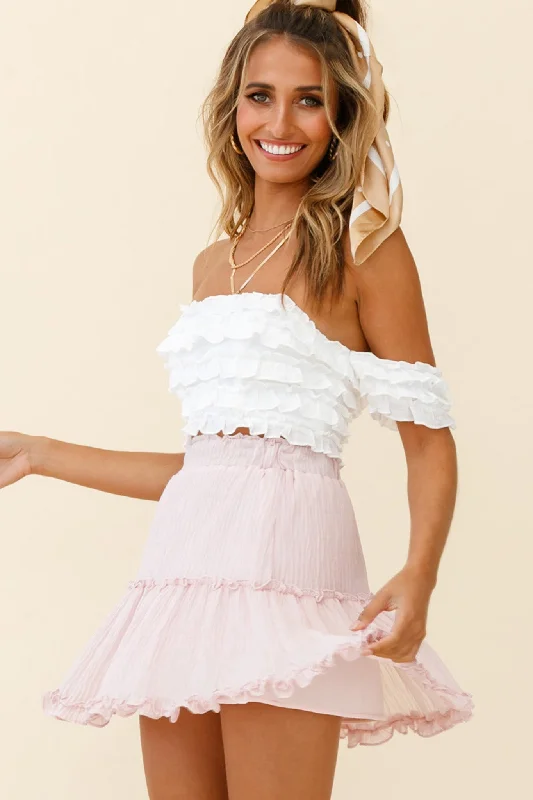 Alexi Mini Skirt Frill Trim Crepe Texture Baby Pink breathable skirt fabric