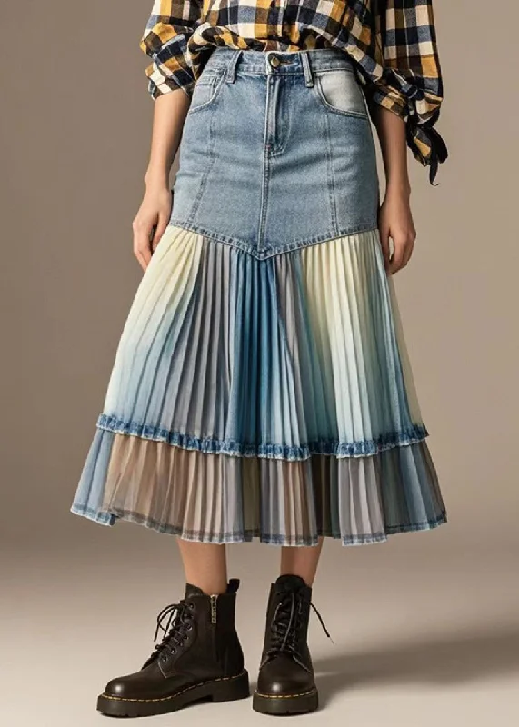 Art Denim Blue Wraped Patchwork Tie Dye Pleated Skirts Fall cotton skirt soft