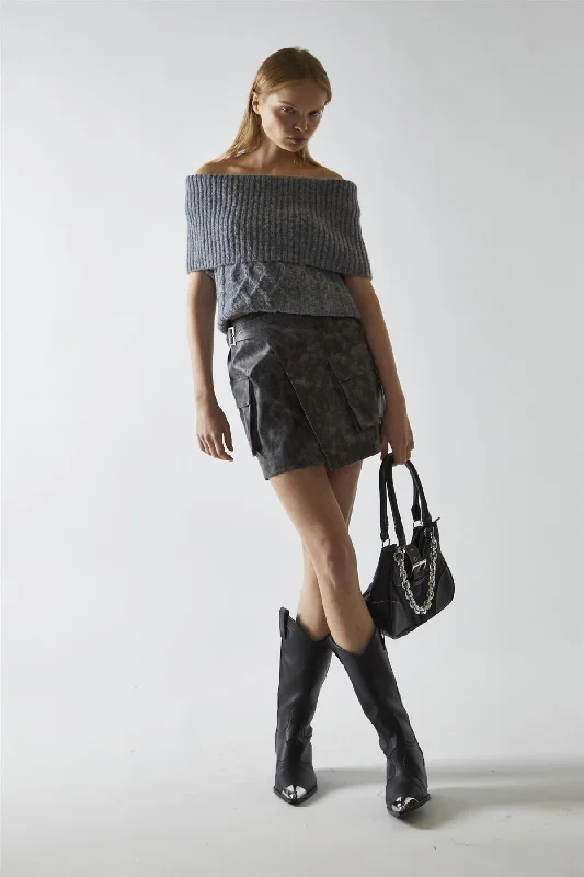 Black-Marble PU Wrap Cargo Mini-Skirt cashmere skirt soft