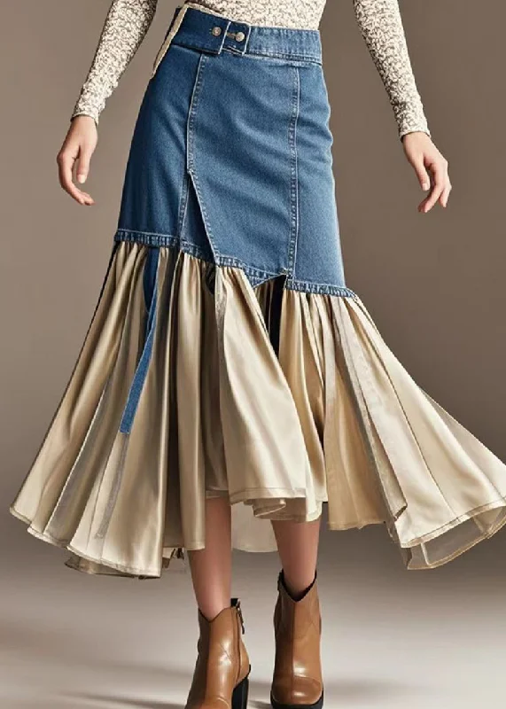 Champagne Patchwork Denim Wraped Skirts Wrinkled Fall asymmetrical skirt cut