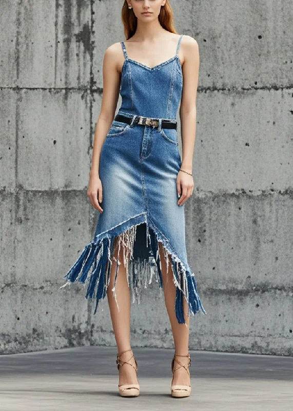 Fashion Blue Asymmetrical Tasseled Denim Skirts Summer elastic waist skirt