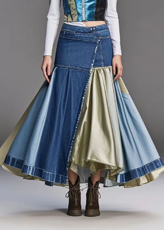 Fine Navy Asymmetrical Patchwork Exra Large Hem Denim Wraped Skirt Fall cotton skirt soft