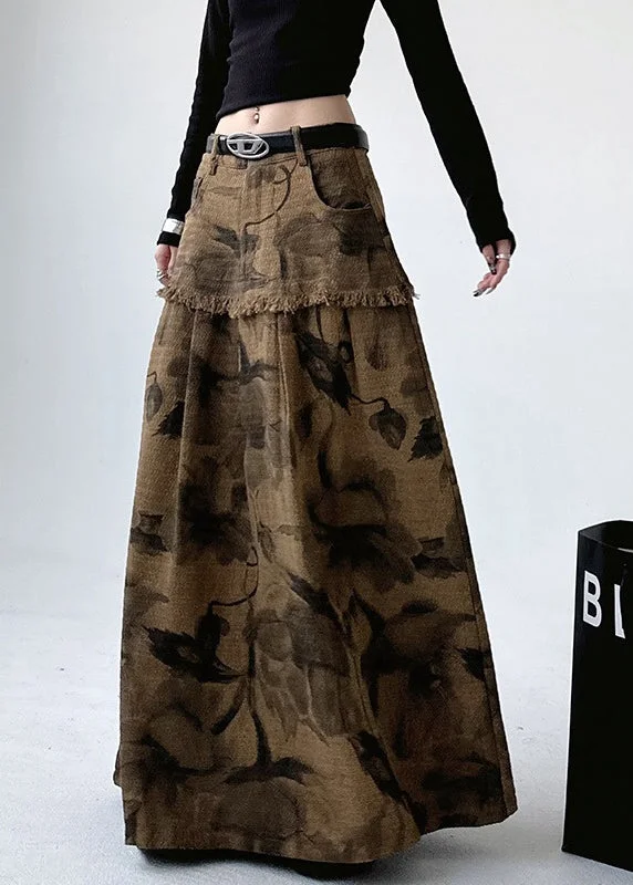 French Khaki Tassel Print Denim Maxi Skirts Fall high slit skirt