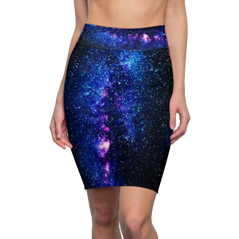 Blue Space Pencil Skirt, Galaxy Print Designer Women's Pencil Skirt-Made in USA (US Size: XS-2XL) breathable skirt fabric