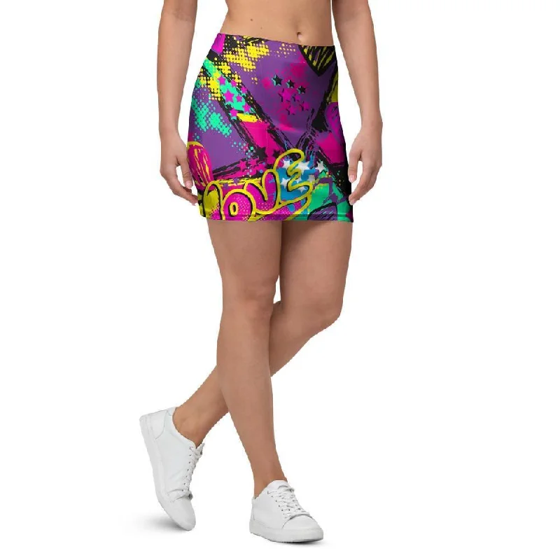 Graffiti Airbrush Love Print Mini Skirt cotton skirt soft