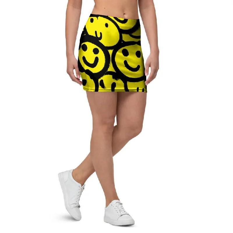 Graffiti Happy Emoji Print Mini Skirt linen skirt relaxed