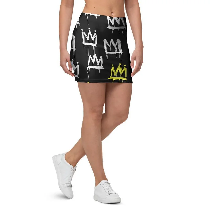 Graffiti Hiphop White And Yellow Crown Print Mini Skirt cashmere skirt soft