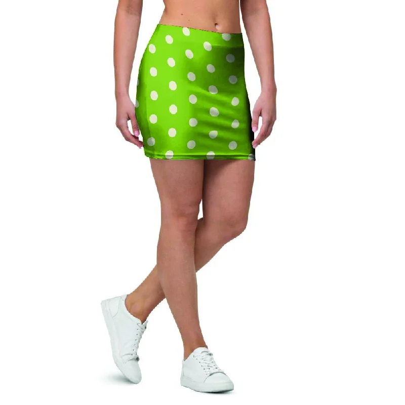 Green And White Polka Dot Mini Skirt silk skirt sleek