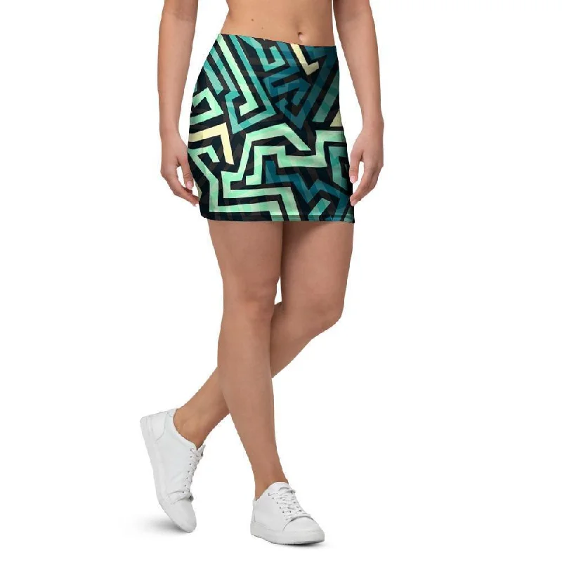 Green Geometric Abstract Mini Skirt elastic waist skirt