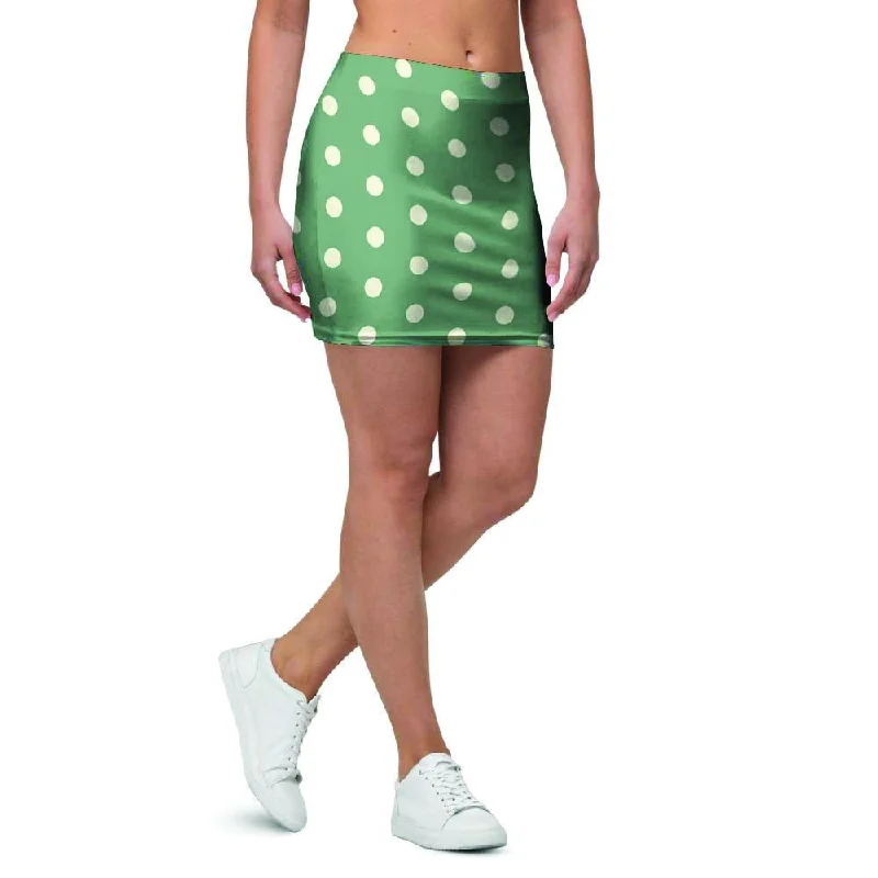 Green Sage Polka Dot Mini Skirt ribbed skirt waist