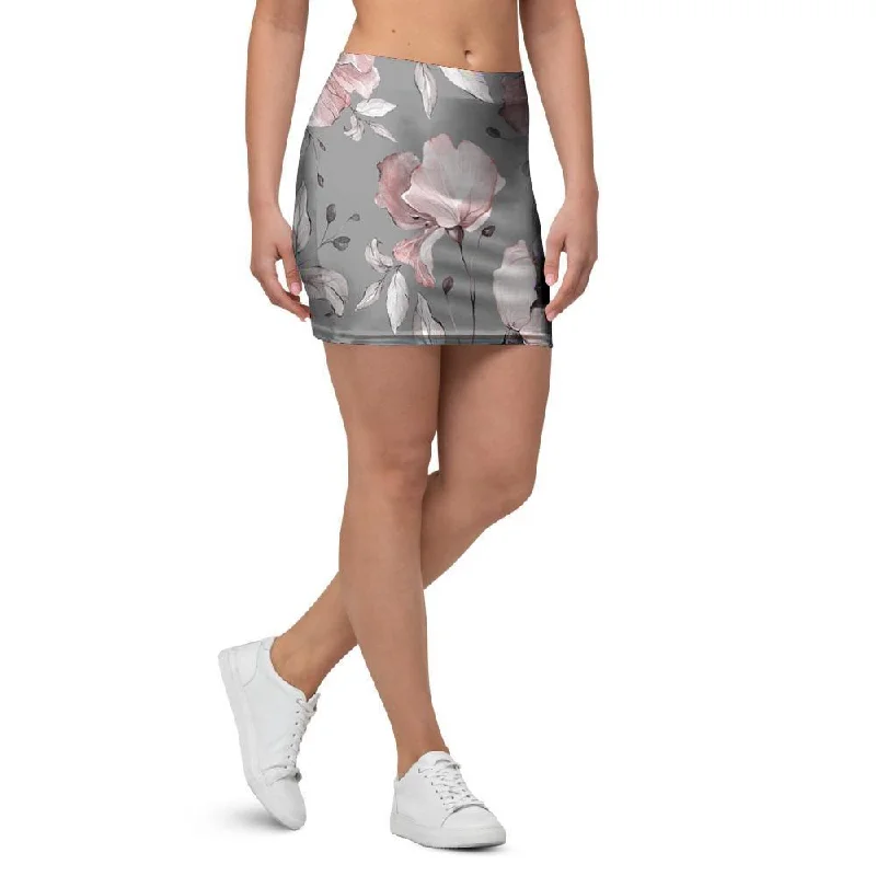 Grey Vintage Floral Print Mini Skirt leather skirt modern