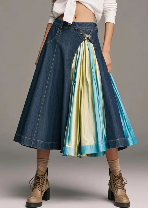 Plus Size Navy Asymmetrical Patchwork Tie Dye Denim A Line Skirts Fall leather skirt refined