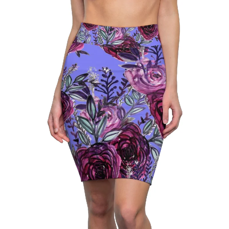 Purple Pink Floral Pencil Skirt, Best Rose Floral Print Designer Women's Pencil Skirt-Made in USA (US Size: XS-2XL) velvet skirt plush