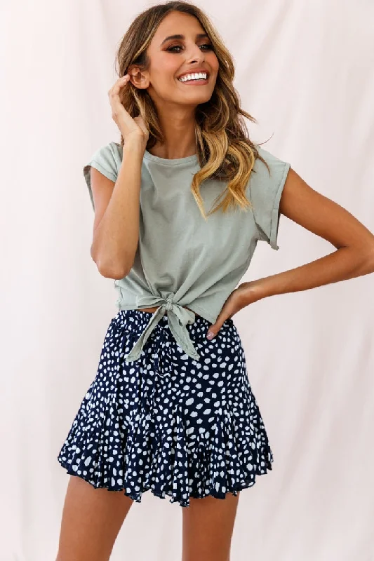 Robyn Flounce Polka Dot Mini Skirt Navy ribbed skirt waist