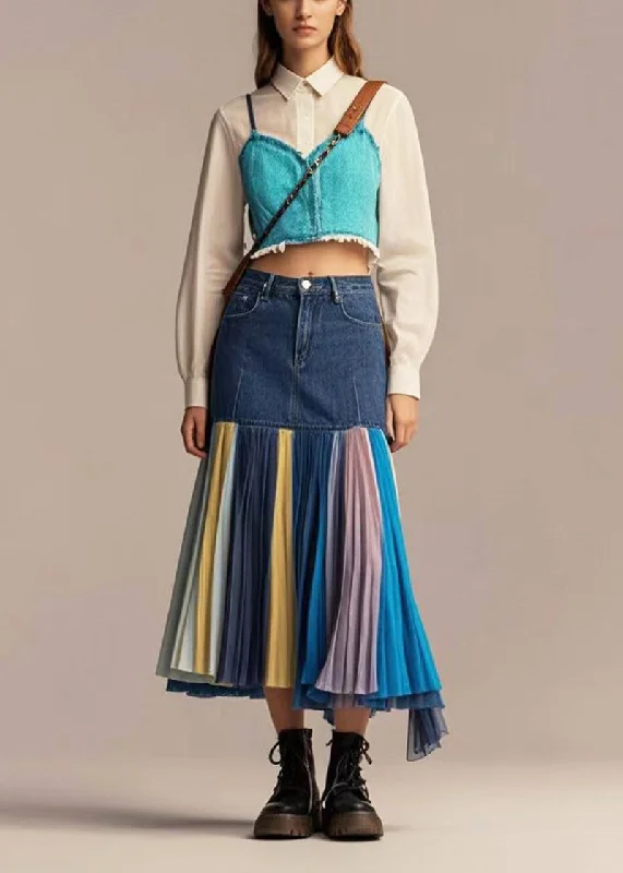 Silm Fit Navy High Waist Patchwork Denim Pleated Skirt Fall relaxed fit skirt