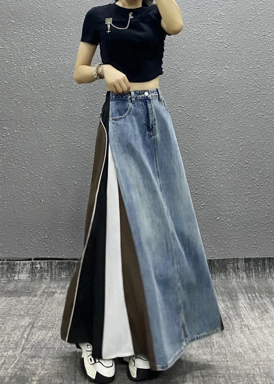 Stylish Blue Pockets Striped Patchwork Denim Skirts Fall low waist skirt