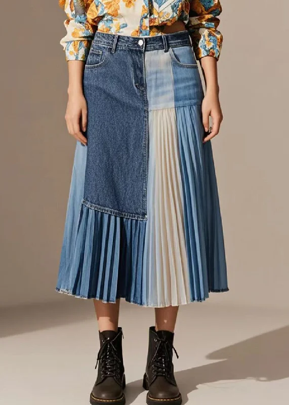 Unique Blue Asymmetrical Patchwork Wrinkled Denim Skirts Fall velvet skirt sumptuous