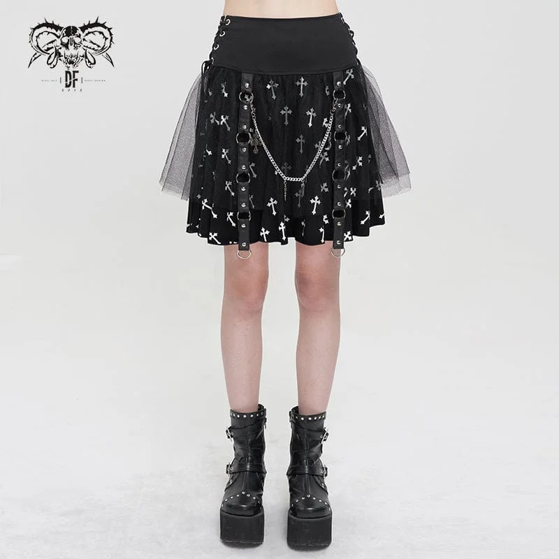 Women's Gothic Cross Printed Mesh Splice Chain Skirt satin skirt smooth