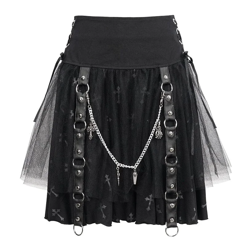 Women's Gothic Strappy Mesh Splice Chain Skirt cashmere skirt soft