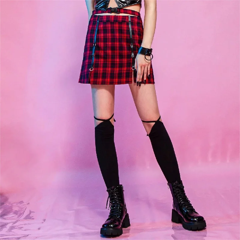 Women's Grunge Cutout Buckle Plaid Skirt denim skirt trendy