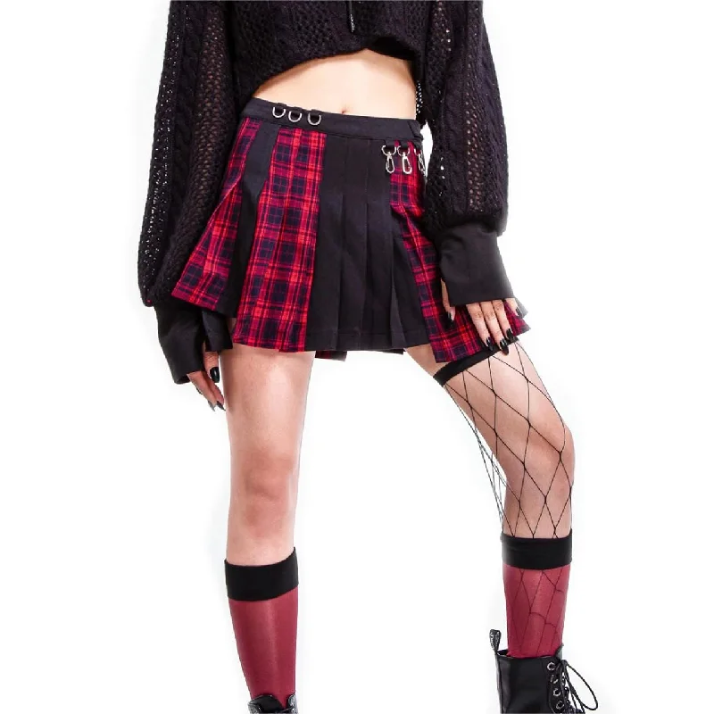 Women's Grunge Irregular Plaid Splice Pleated Skirt Red cashmere skirt fine