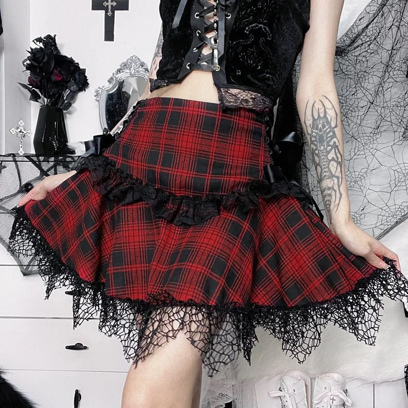 Women's Grunge Ruffled Lace Splice Plaid Skirt cashmere skirt soft